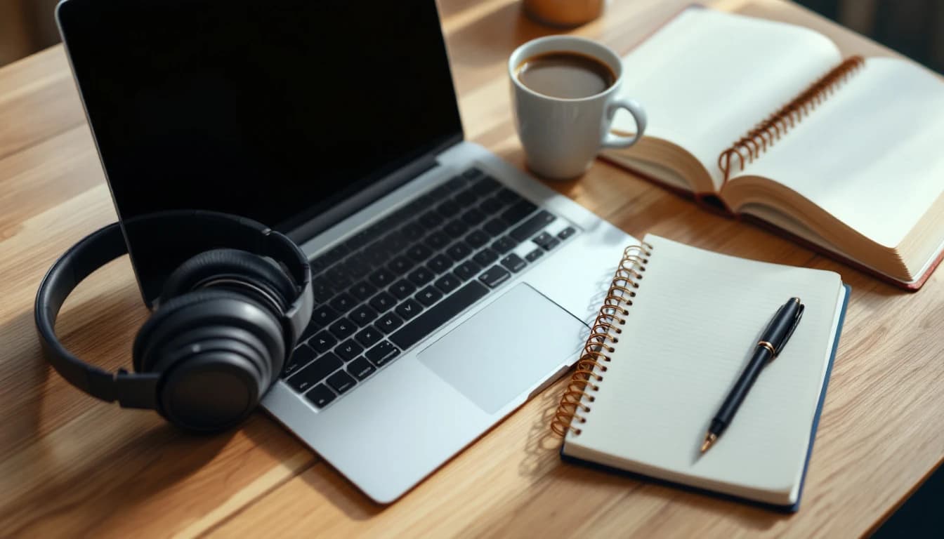 A laptop, headphones and notebook — practising for the Lithuanian A2 exam