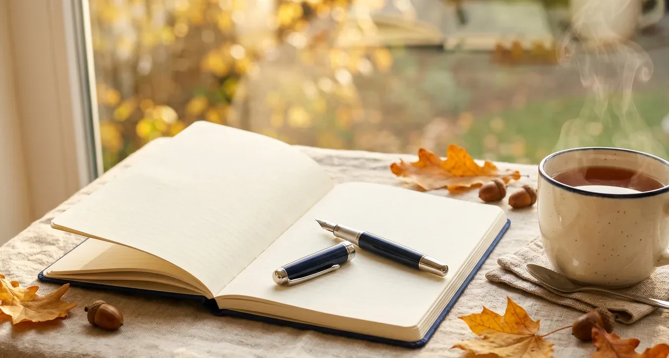 An open notebook and tea in warm light — preparing for the Lithuanian PR exam