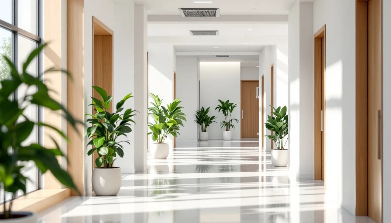 A bright, calm modern healthcare interior — nursing in Germany