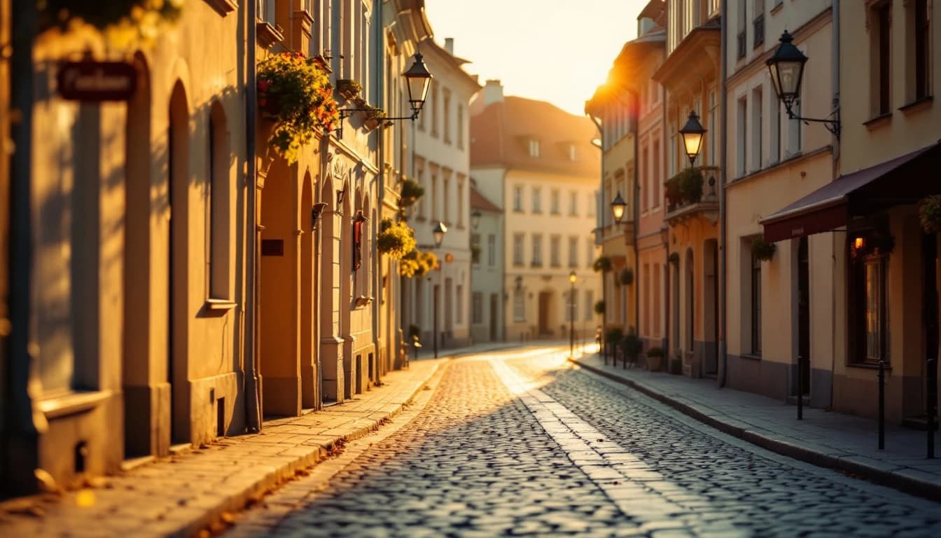 A golden-hour street in Vilnius old town