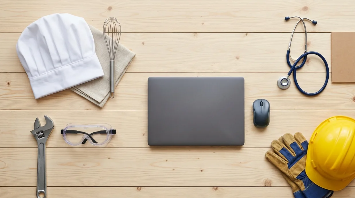 Tools of different vocational trades — nursing, IT, cooking and skilled trades