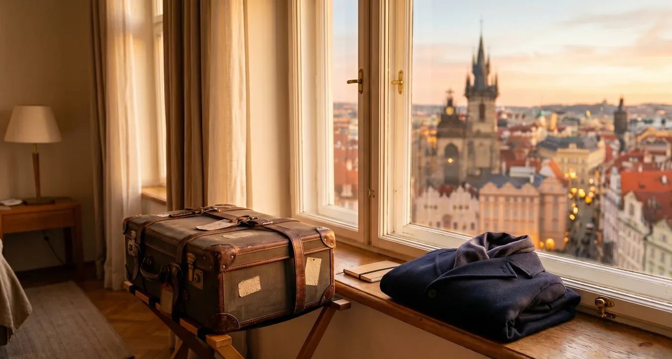 A suitcase by a window overlooking a European skyline — moving to Germany