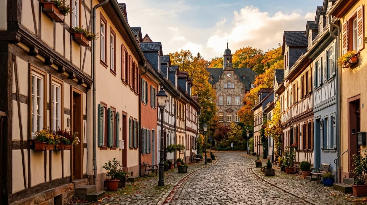 A historic German old-town street in autumn — the Ausbildung pathway to Germany for Nepali students