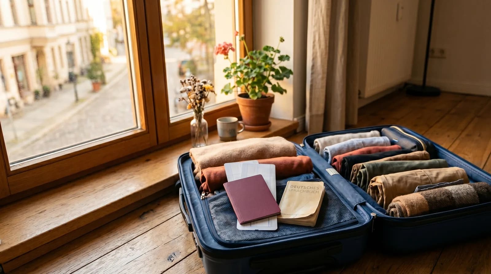 A packed suitcase, passport and German phrasebook by a window — preparing to move from Pakistan to Germany for Ausbildung