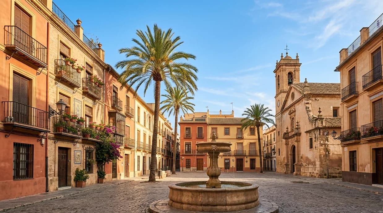 A sunlit Spanish plaza with traditional architecture — preparing for the DELE Spanish exam