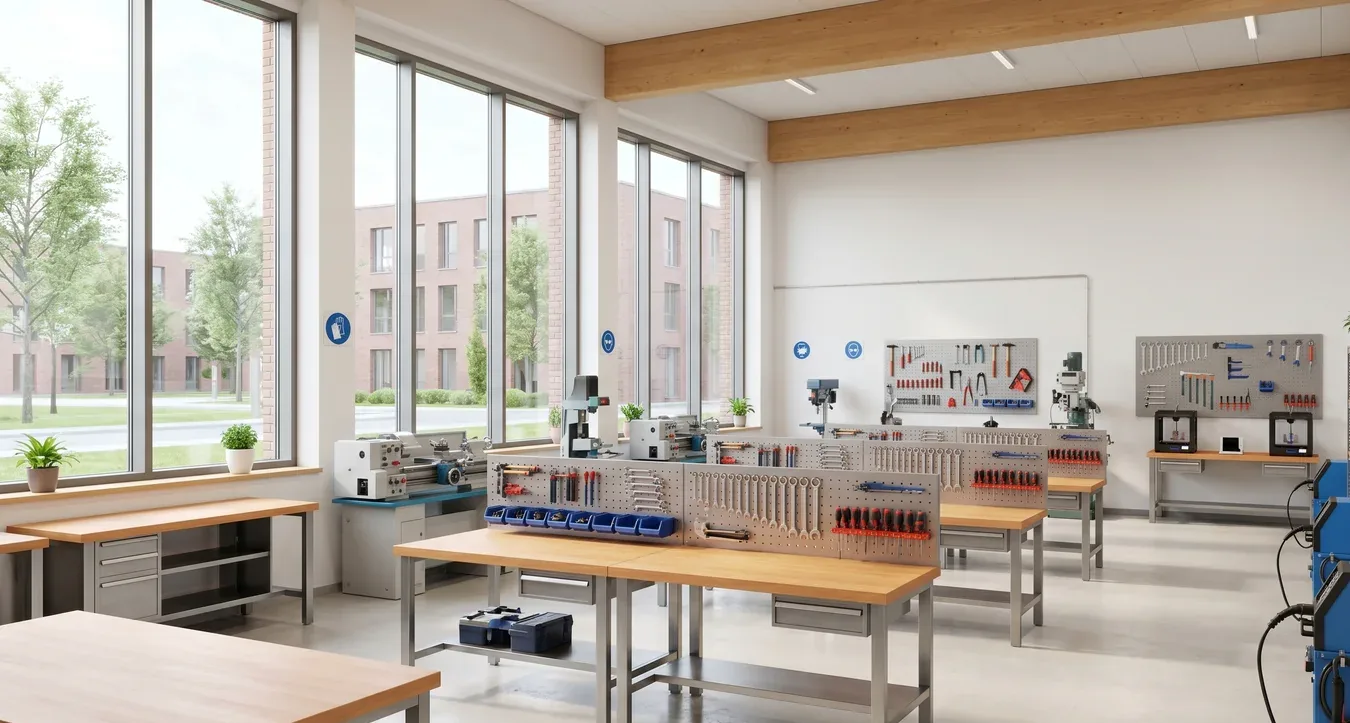 A modern vocational training workshop with workbenches and tools — Ausbildung in Germany