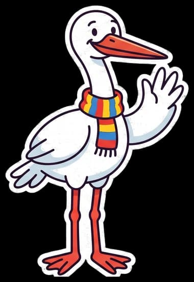 Spraviva's friendly stork mascot waving hello